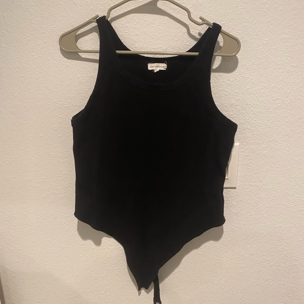 Good American black ribbed thong body suit